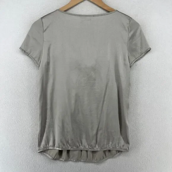 CHAIKEN PROFILE Top 0 XS Stretch Silk Satin Pleated Cap Sleeve Gray Silver USA - Picture 2 of 14